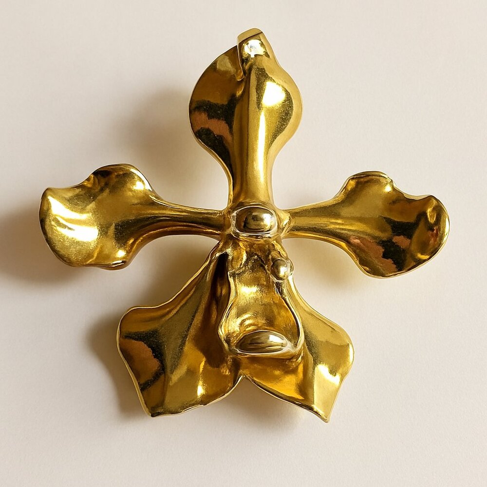 Vintage Orchid Flower‎ Brooch Pendant 22K GP Gold Tone Signed